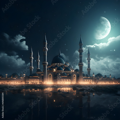 Ramadan night view with mosque and moon in the desert