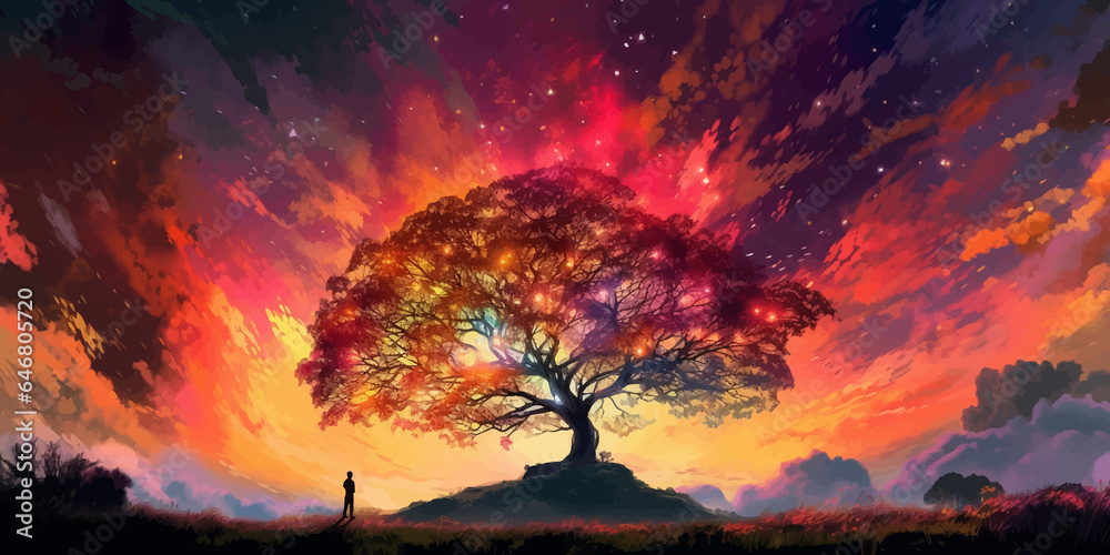 Man and magic old tree. Fantasy landscape with a magic tree and a man standing on a hill. Silhouette of a man on the background of a big tree. Sunset scene. Sunrise. Fairy tale. Vector illustration Man and magic old tree. Fantasy landscape with a magic tree and a man standing on a hill. Silhouette of a man on the background of a big tree. Sunset scene. Sunrise. Fairy tale. Vector illustration