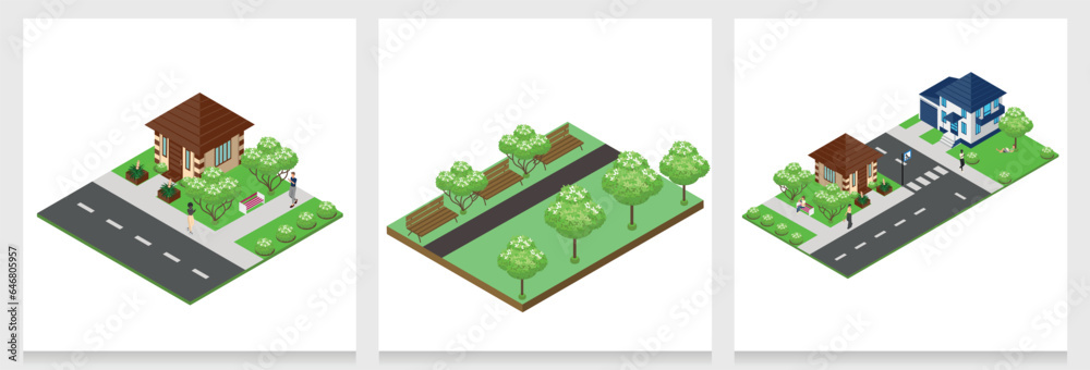 isometric streets with houses and trees and plants. Colorful image of ...