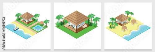 Set of isometric beaches with houses, people and boats. isometric bungalows of different sizes. Summer vacation at sea. Colorful image of summer fun. Vector set of backgrounds.
