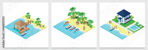 Set of isometric beaches with houses, people and boats. isometric bungalows of different sizes. Summer vacation at sea. Colorful image of summer fun. Vector set of backgrounds.