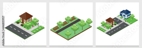 isometric streets with houses and trees and plants. Colorful image of park and nature streets. Vector set of backgrounds.