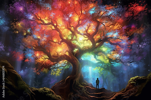 Man and magic old tree. Fantasy landscape with a magic tree and a man standing on a hill. Silhouette of a man on the background of a big tree. Sunset scene. Sunrise. Fairy tale. Vector illustration