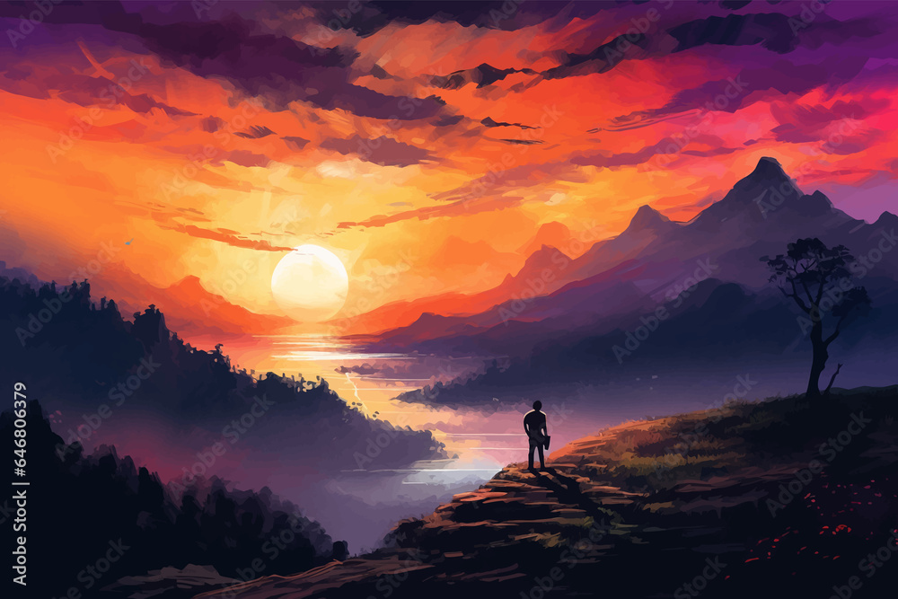 Silhouette of a man standing on top of a mountain and looking at the sunset. Fantastic Sunrise. Colorful starry sky. Fantasy alien planet. Mountain and man. Fantasy landscape. Vector illustration
