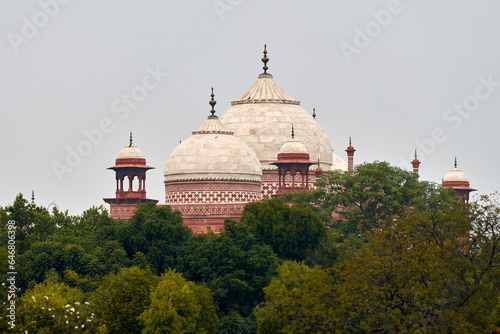 Close up Taj Mahal dome white marble mausoleum landmark in Agra, Uttar Pradesh, India, beautiful dome of ancient tomb building of Mughal architecture, popular touristic place