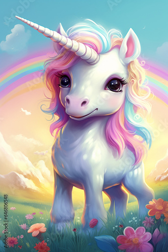 illustration of a colorful unicorn, with a rainbow background and colored world