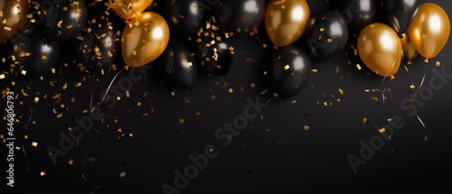 black, red and gold balloons with glitter confetti, party, happy birthday, Happy new year, classy, black background, Generative AI