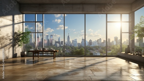 Interior of empty open space room in modern urban building for office or loft studio. Concrete walls and floor  furniture  houseplants. Floor-to-ceiling windows with city view. Mockup  3D rendering.