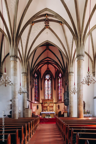 Vaduz, Liechtenstein - August 11, 2023: Vaduz Cathedral, or Cathedral of St. Florin, a neo-Gothic church in Vaduz, Liechtenstein, and the centre of the Roman Catholic Archdiocese of Vaduz.