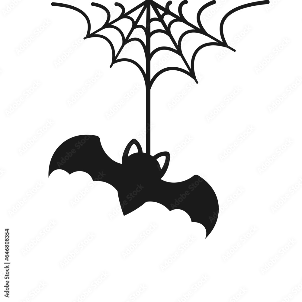Fototapeta premium Bat Hanging on a Spider Web Doodle Silhouette, Happy Halloween Spooky Ornaments Decoration Vector illustration