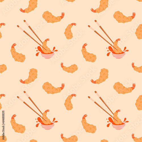  Japanese street food. shrimp tempura on the wooden plate with sauce Colorful vector illustration isolated on white background. Vector illustration