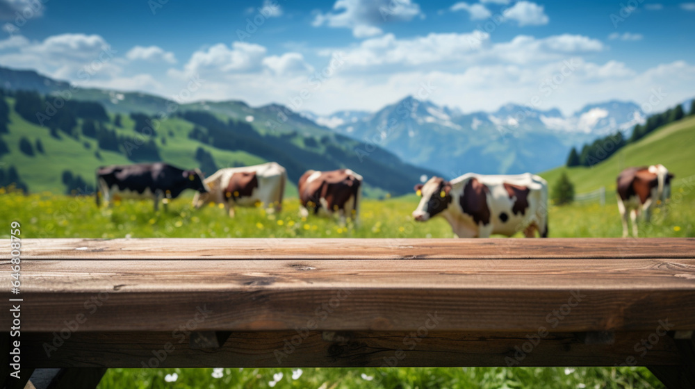 Naklejka premium Empty wooden tabletop for product background and montage, Adipian meadow with herd of cows, banner mockup and dairy product advertisement with beautiful mountains alpine meadow behind