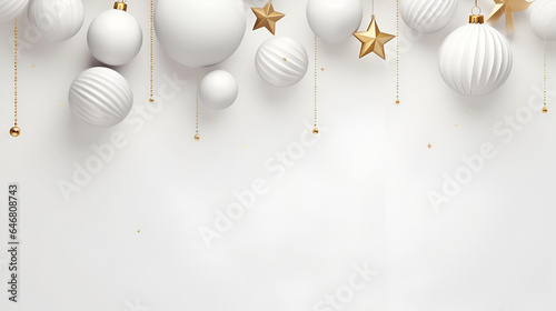 Christmas and New Year minimalist monochrome background. White Christmas Glass ornament and gold stars hanging on white background with copy space for text.