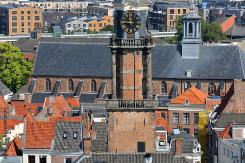 Aerial view of the historic old town of Zutphen, Gelderland, Netherlands, with traditional historic medieval houses, the tower Wijndragerstoren (or Wijnhuistoren) and  the Broederenkerk church photo