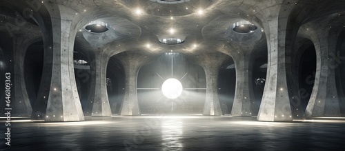 Futuristic interior with celestial-themed decor. Architectural background. ing.