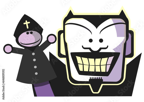 Ein lustiger Teufel spielt mit deiner handpuppe in form eines Priesters, Comic teufel Gesicht mit Priester puppe
