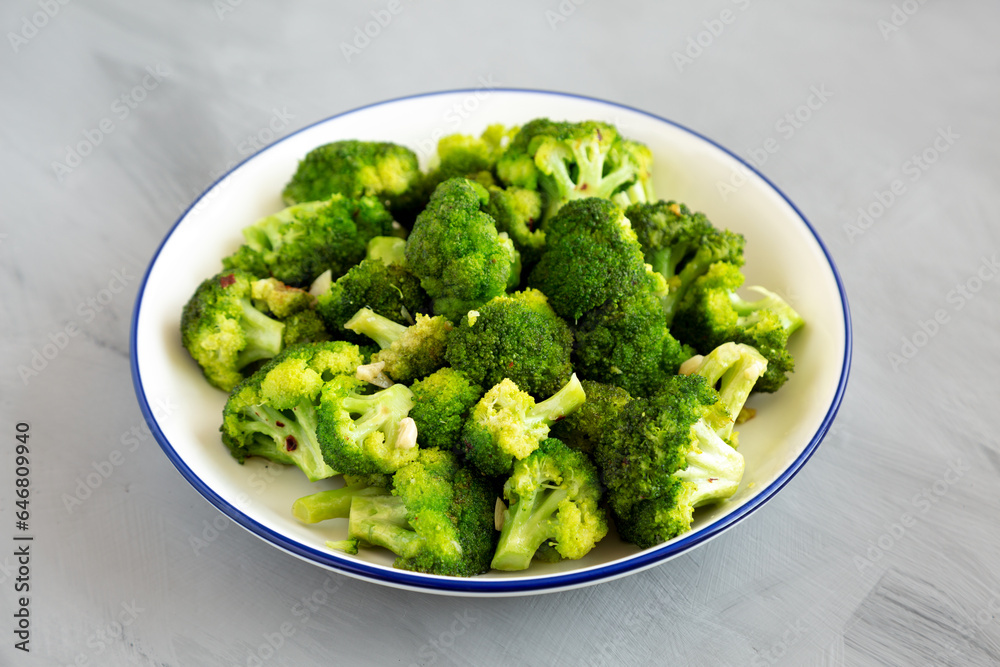 Homemade Pan-fried Broccoli on a Plate on a gray background, side view. Homemade Pan-fried Broccoli on a Plate on a gray background, side view.