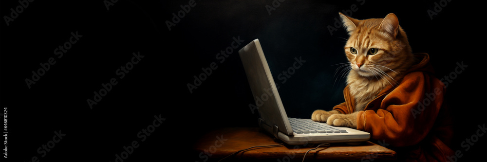 Cat wearing casual home wear clothes working on a computer laptop on panoramic black background