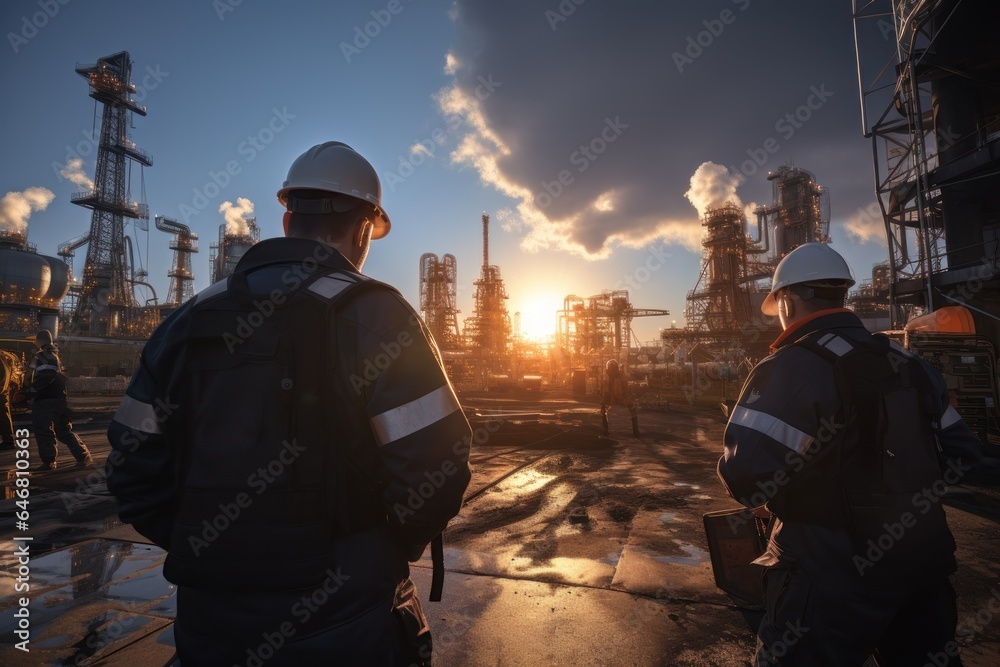 Smart engineers work with notebook computers standing looking at oil plant industrial sunset and sunbeam Smart engineers work with notebook computers standing looking at oil plant industrial sunset and sunbeam