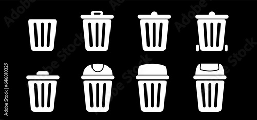 Dustbin,  litter basket or litterbin. Clean up and trashcan, Waste bin. Cleaning tools. Container logo or pictogram. Recycle, remove, delete box. Wheelie bin. Garbage bag, container. Recyclable.