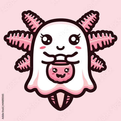cute axolotl ghost celebrating halloween