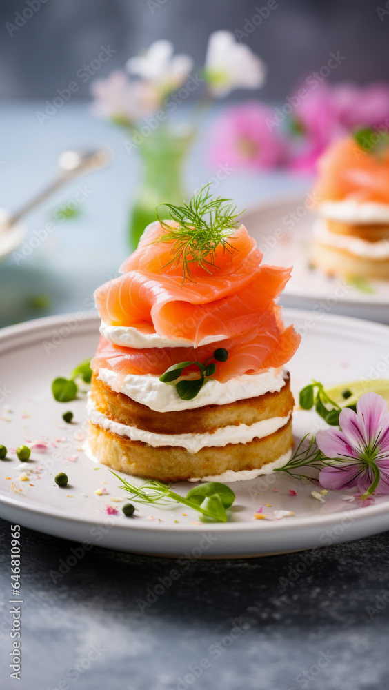 Smoked Salmon Mini Cake with cream cheese and polenta pancakes on a plate. Vertical, side view.