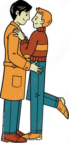 Gay couple in romantic pose, autumn fashionable couple cartoon vector