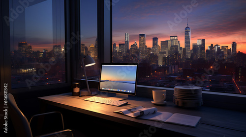 A serene coding environment at dusk. The room's only light source is the monitor and a desk lamp.
