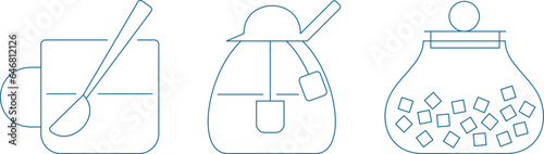 a set of dishes for tea drinking, cups and spoons with sugar, new vector icons in disassembled form with the ability to color fill layers