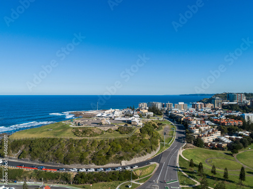 Aerial view of Fort Scratchley and blue ocean on sunlit day in Newcastle photo