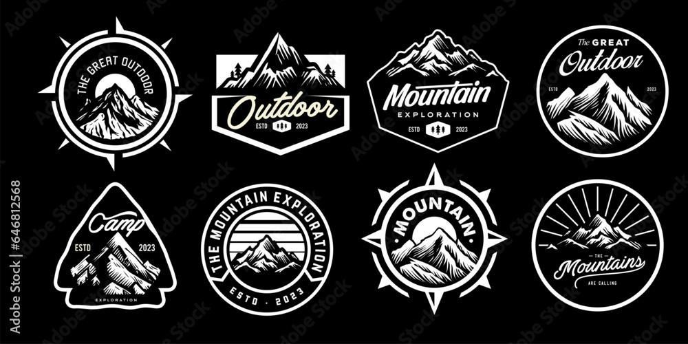set collection of vintage adventure badge in black and white color. Camping emblem logo with mountain illustration in retro hipster style.