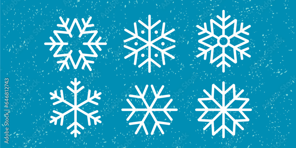 Fototapeta premium Snowflake variations icon collection. Snowflakes white ice crystal on blue background. Winter symbol. Christmas logo sign. 