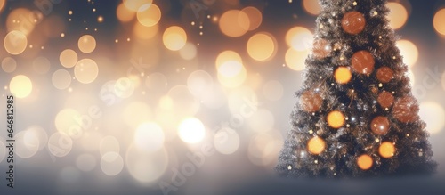 Defocused winter holiday background with bokeh lights on Christmas tree.