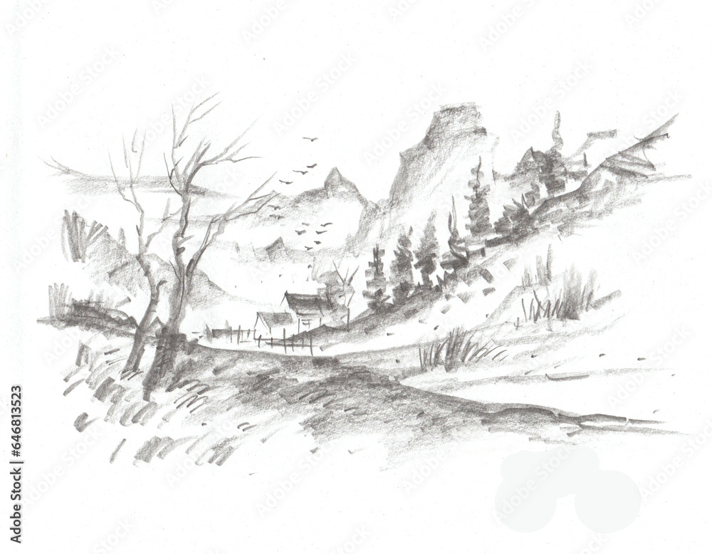 winter forest landscape pencil drawing for card decoration illustration