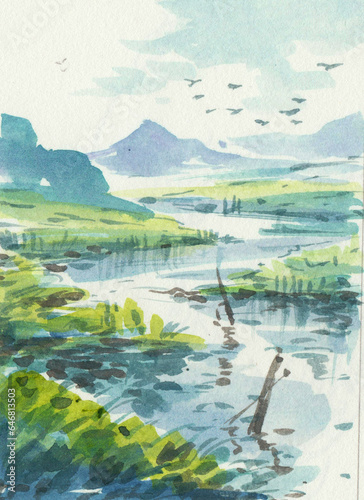 lake and mountains watercolors for card decoration illustration