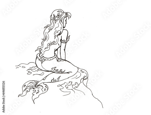 girl in a mermaid costume pen drawing for card illustration decoration