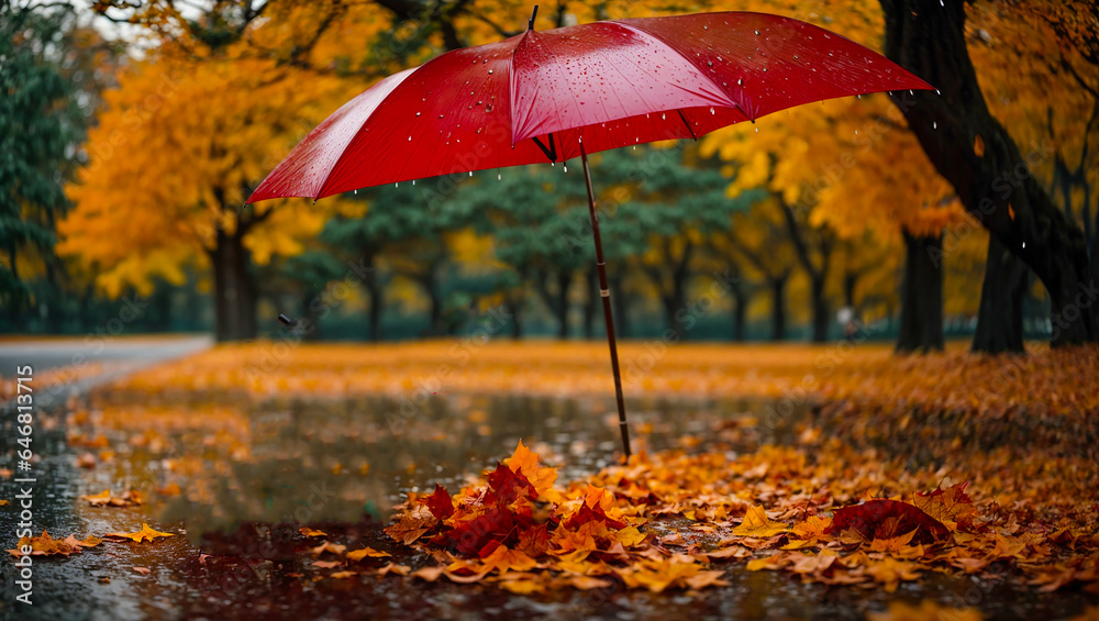 Beautiful umbrella on a background of autumn leaves