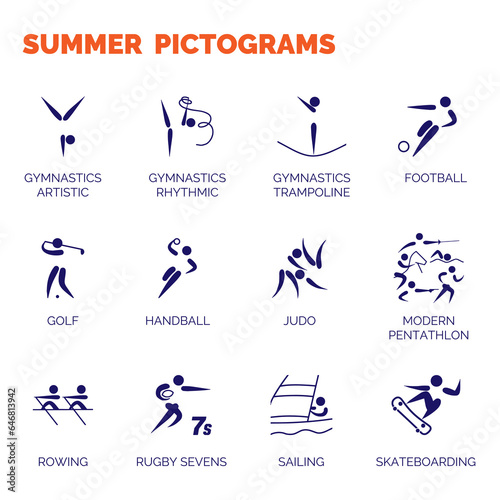 Summer sports icons. Vector isolated pictograms on white background with the names of sports disciplines.