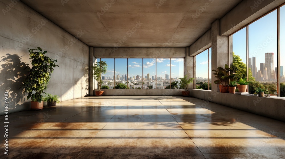 Interior of empty open space room in modern urban building for office or loft studio. Concrete walls and floor, furniture, houseplants. Floor-to-ceiling windows with city view. Mockup, 3D rendering.