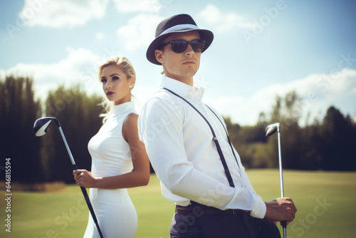 Male and female golfers on the course.