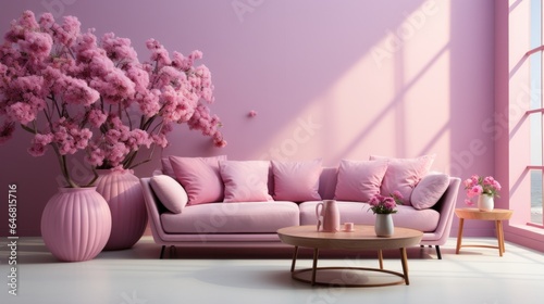 Stylish minimalist monochrome interior of modern cozy living room in pastel pink and lilac tones. Trendy couch, coffee table, decorative trees in vases. Creative home design. Mockup, 3D rendering.
