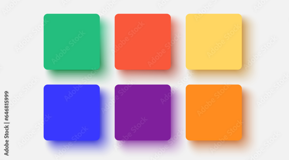 Collection of square shapes in different colors with rounded corners and colored smooth shadows. Web design element. Bright empty squares with glow effect. Vector illustration Collection of square shapes in different colors with rounded corners and colored smooth shadows. Web design element. Bright empty squares with glow effect. Vector illustration