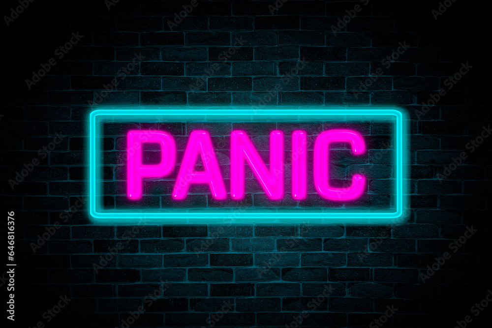 Obraz premium Panic text neon banner on brick wall background.