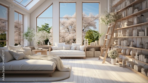 Interior of minimalist scandi bedroom in luxury villa. Simple wooden bed and elements of interior, chillout area, bookshelves, panoramic windows with scenic landscape. Ecodesign. 3D rendering.