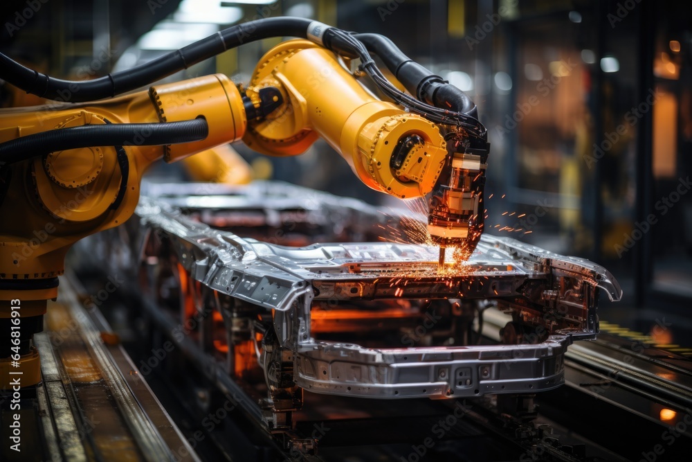 Robot is welding in an industrial factory. Robot is welding in an industrial factory.