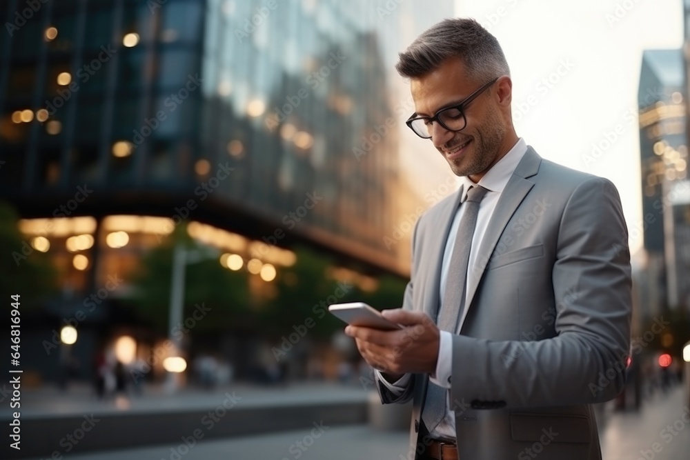 Young urban professional business man using smartphone. Businessman holding mobile smartphone using app texting sms message outdoor. Young urban professional business man using smartphone. Businessman holding mobile smartphone using app texting sms message outdoor.