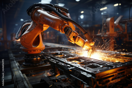 Robot is welding in an industrial factory.