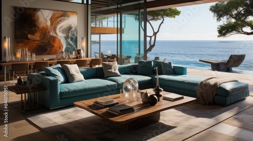 Luxury Living Room Design with Spectacular Beach Scenery. Relax in Coastal Comfort. © Premreuthai