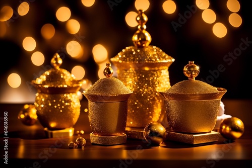 Luxurious Gift Sets Gold Frankincense and Myrrh for a Regal Holiday. AI Generated. photo
