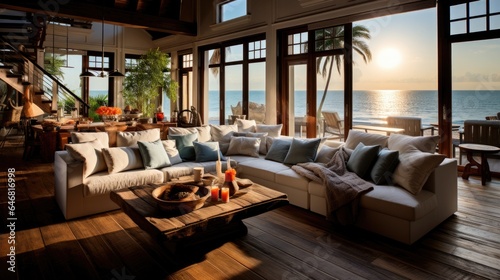 Luxury Living Room Design with Spectacular Beach Scenery. Relax in Coastal Comfort. © Premreuthai